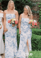 Olive | Sheath Print White Blue Floral Satin Long Bridesmaid Dress - Price #price_variant_lowest# - Blue Floral - PromDressClub